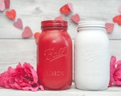 Red and White Mason Jars, Valentines Day Decor, Holiday Decor, Vases, Storage Canisters