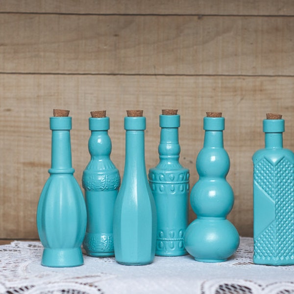 6 small mini turquoise-aqua decor bottles. Vases, wedding centerpieces. Home decor. Turquoise decor.