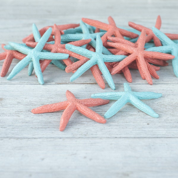 28 painted starfish. Aqual and coral. Nautical, ocean, sea themed wedding. Beach wedding. Nautical wedding.