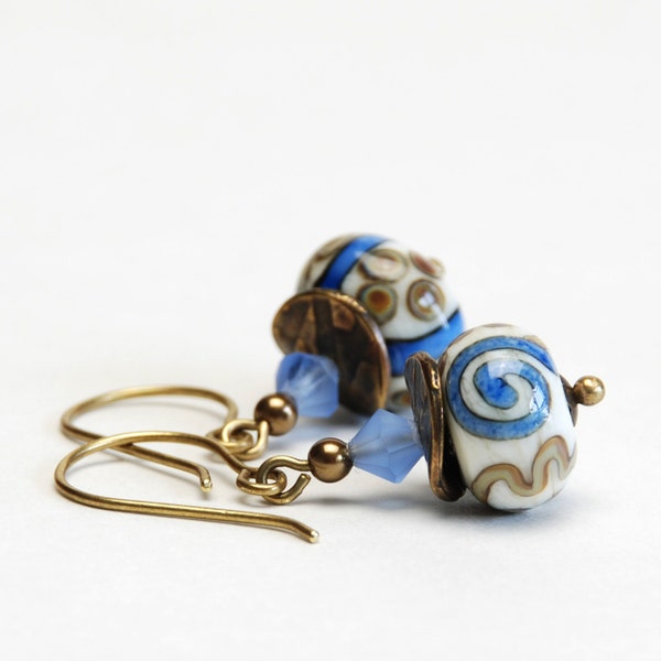 RESERVED Swirly Blue and Ivory Lampwork Glass Earrings with Antique Brass Wavy Disks - Antique Brass Earwires - Blue and White Earrings
