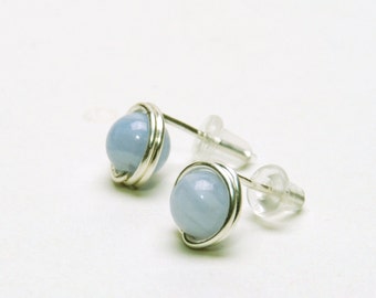 Blue Lace Agate Stud Earrings - Handmade Wire Wrapped, Fine (99%) Silver, Light Blue Gemstone Studs - Natural Stone Earrings