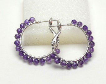 AAA Amethyst Earrings - Sterling Silver Wire Wrapped Hoops - Purple Gemstone, Silver Plated Hoops with Posts & Leverbacks (20mm, Beaded 1")