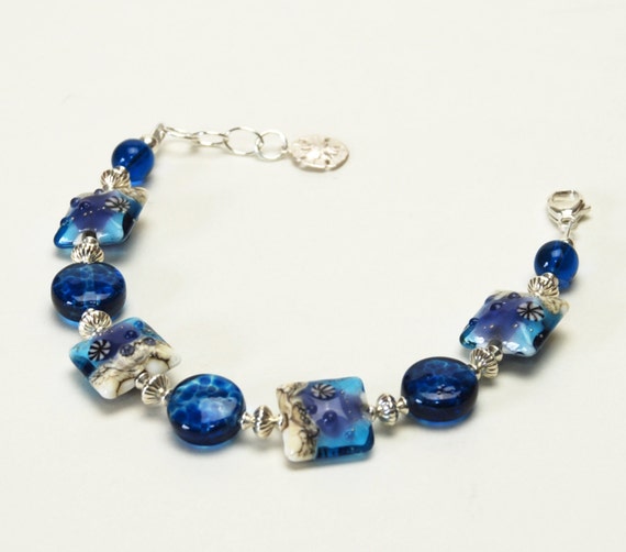 Items similar to Ocean Blue Lampwork Glass Bracelet - Sterling Silver ...