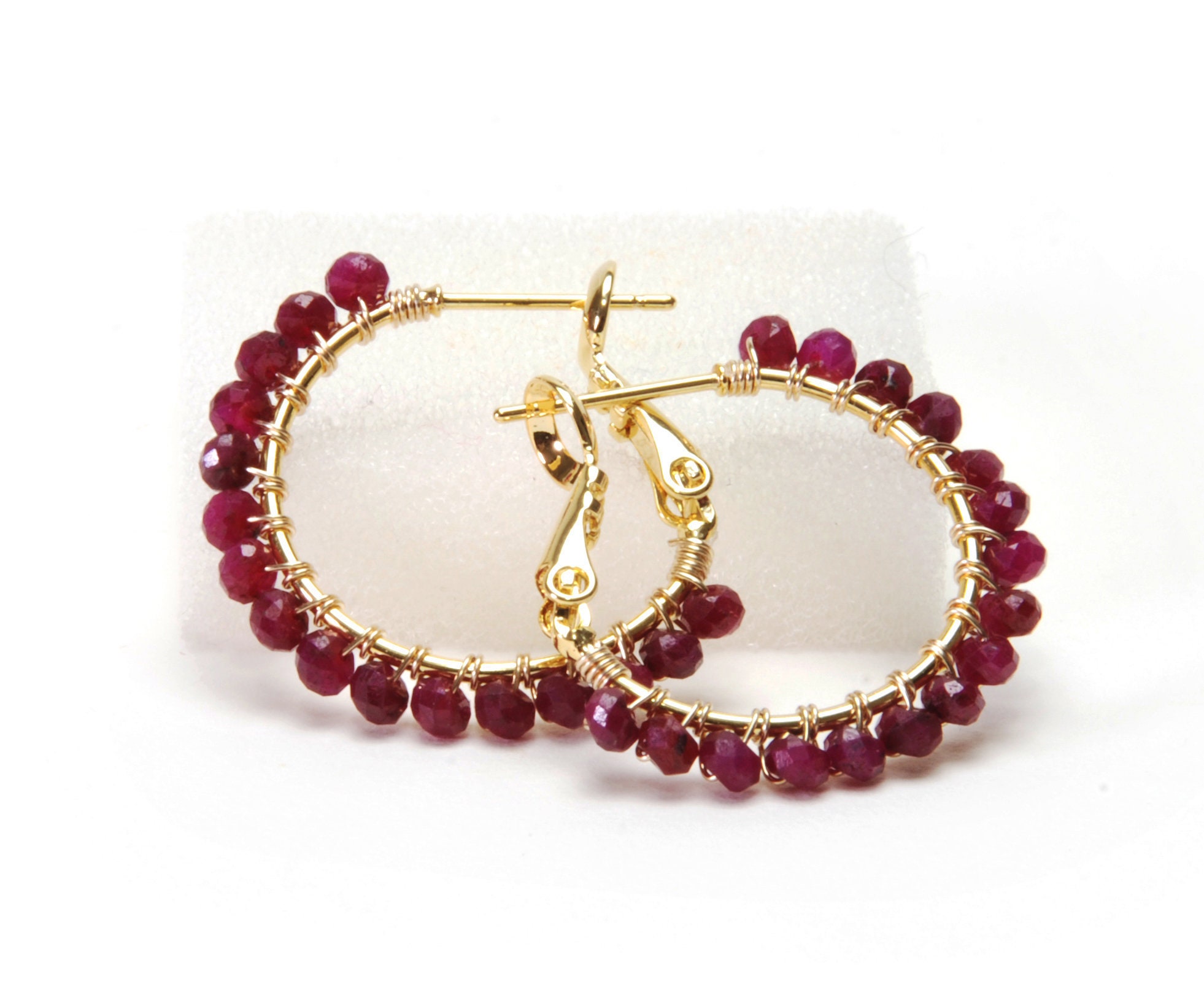 Genuine Ruby Hoop Earrings Beaded 1 Gold Filled Wire Etsy