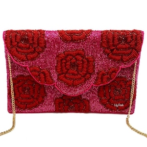 Red Rose Beaded Clutch Bag, Crossbody Bag, Seed Bead Clutch Bag, Boho Handbag, Pink Clutch Bag, Gift for Her