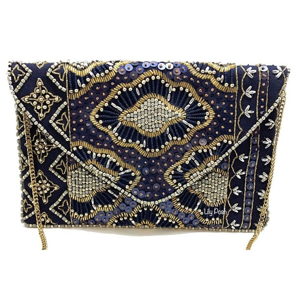 Pochette de soirée en perles bleu marine, sac bandoulière, pochette en perles de rocaille, sac à main bohème, bal de promo, pochette de mariée, cadeau pour elle, cadeau pour maman