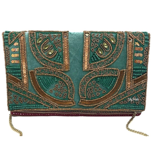 Art Deco Bead Clutch Bag, Green Velvet Clutch, Beaded Crossbody Bag, Seed Bead Bag, Boho Handbag, Gift for Her