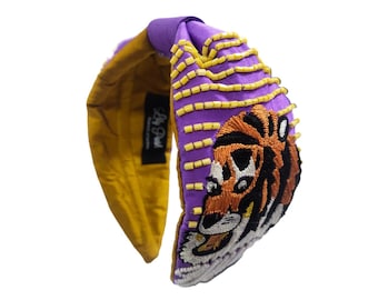 Louisiana College Football Geaux Tigers Headband, LSU, Beaded Knot Headband, Game Day Headbands, Game Day Earrings