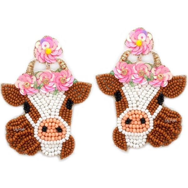 NOUVEAU ! Boucle d'oreille vache, boucle d'oreille perle de rocaille, boucle d'oreille animal, la ferme, boucle d'oreille cow-girl, rodéo, cadeau pour elle