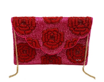 Red Rose Beaded Clutch Bag, Crossbody Bag, Seed Bead Clutch Bag, Boho Handbag, Pink Clutch Bag, Gift for Her