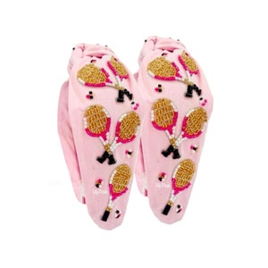 NEU! Breites Knoten-Tennis-Stirnband, Perlen-Stirnband, rosa Stirnband, Tennisschläger, Boho-Stirnband, Geschenk für sie