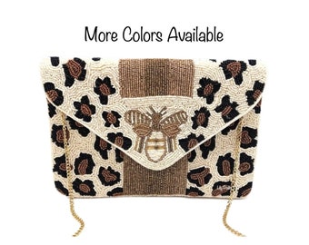 Perlen Bienen Clutch Bag, Crossbody Bag, Perlentasche, Leopard Clutch Bag, Boho Handtasche, Geschenk für sie