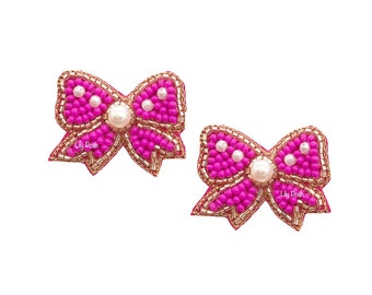 NEW! Beaded Bow Stud Earring, Pink Ribbon Earring, Seed Bead Earring, Baby Shower, Stud Earring, Gift for Her