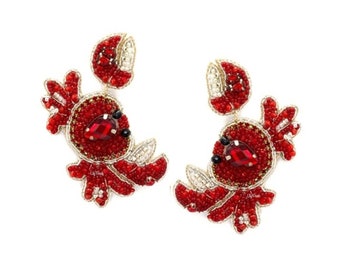 Red Crab Earring, Seed Bead Earring, Statement Earring, Animal Jewelry, Crab Earring