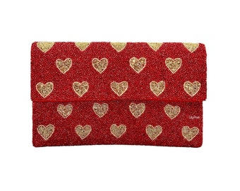 Heart Clutch Bag, Beaded Red Heart Clutch Bag, Seed Bead Clutch Bag, Crossbody Bag, Gift for Her