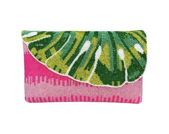 ¡NUEVO! Embrague de hoja con cuentas, bolso clutch de cuentas de semillas, bolso boho, bolso bandolera, embrague fucsia, vacaciones tropicales, regalo para ella