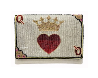 NEW! Queen of Hearts Beaded Clutch Bag, Crossbody Bag, Seed Bead Clutch Bag, Boho Handbag, Gift for Her