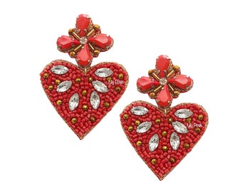 NUOVO! Orecchino a cuore, orecchino con perline di semi, orecchino a cuore rosso, regalo per lei