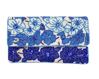 NEW! Blue Floral Beaded Clutch, Seed Bead Clutch Bag, Boho Handbag, Crossbody Bag, Evening Clutch, Everyday Clutch, Gift for Her