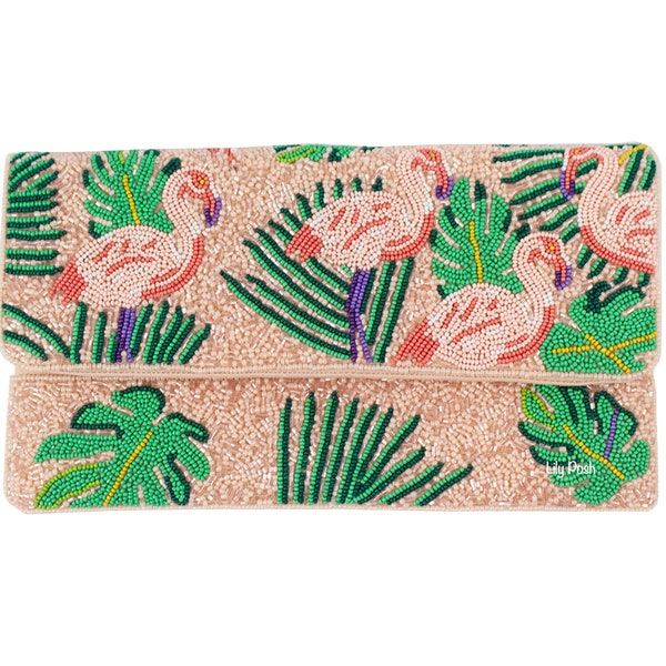 NEW! Pink Flamingo Clutch Bag, Seed Bead Crossbody Bag, Pink Clutch, Everyday Clutch, Tropical Vacation, Gift for Her