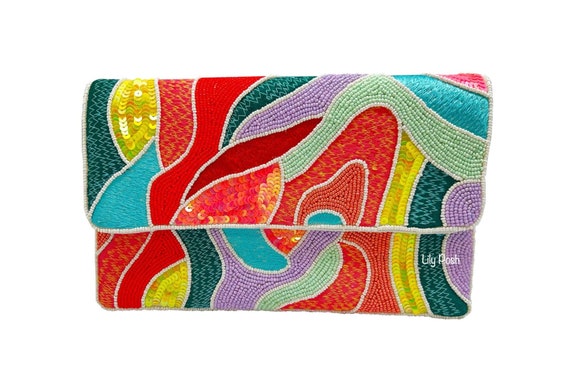 Multicolor Abstract Beaded Clutch, Seed Bead Clutch Bag, Beaded Clutch for  Women