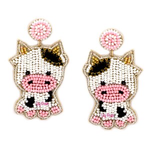 Pink Cow Earring, Seed Bead Earrings, Statement Earring, , Farm Her, Cowgirl, Animal Earring