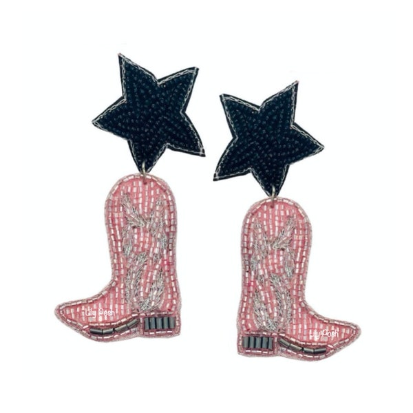 NEW! Pink Cowboy Boots Seed Bead Earrings, Western Boots Earring, Pink Boho Earring, Rodeo, Western Jewelry, Star Earring