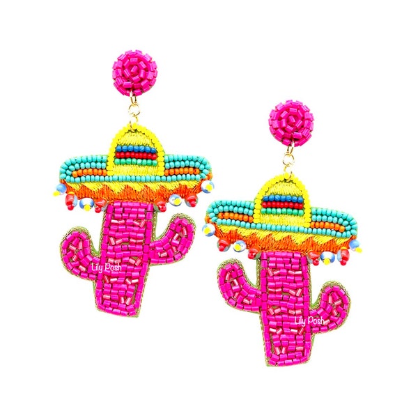 Boucle d'oreille cactus, boucle d'oreille perles de rocaille, boucle d'oreille cactus chapeau sombrero, boucle d'oreille amusante, cadeau