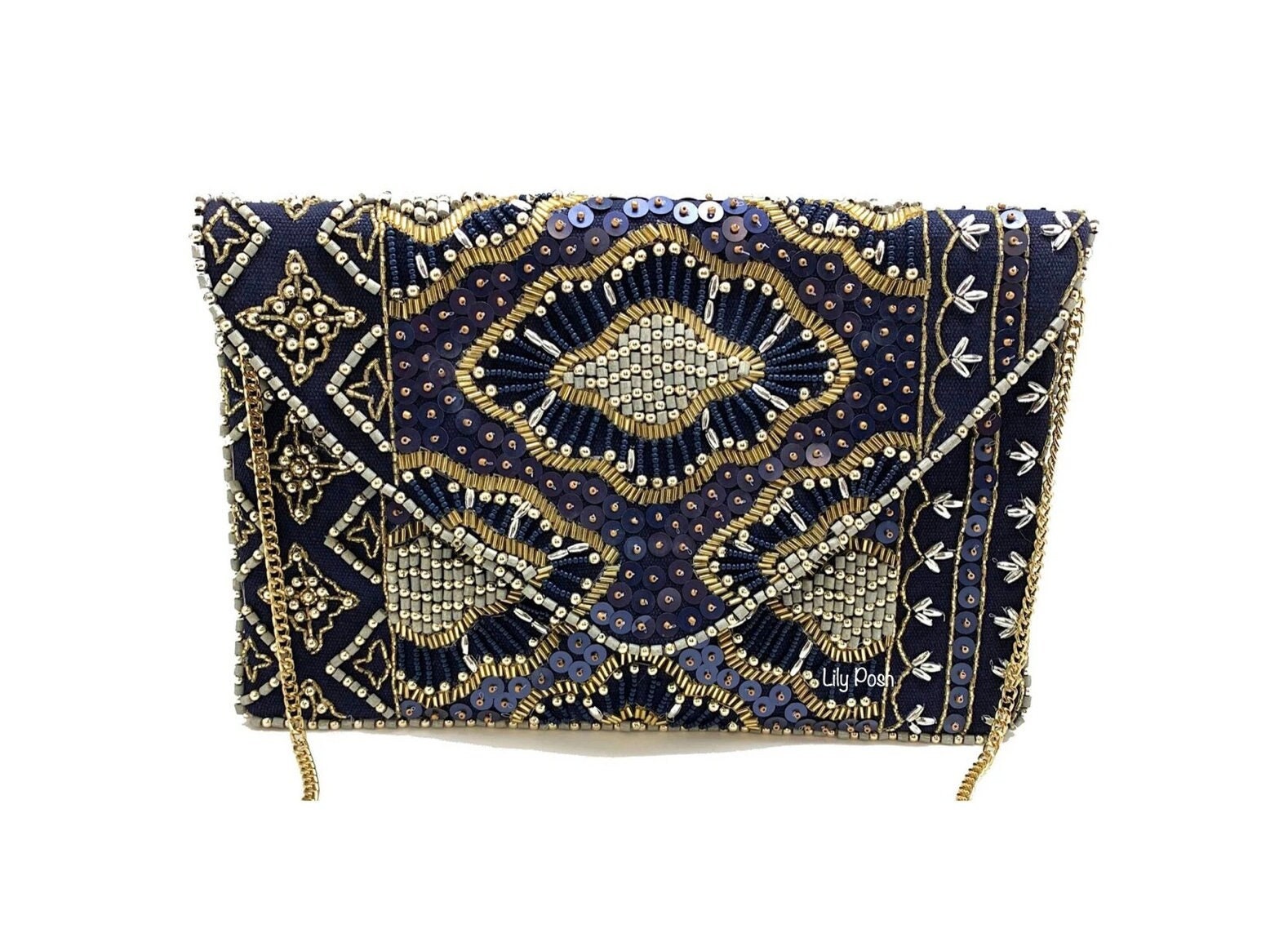 Navy Blue Beaded Evening Clutch Bag Crossbody Bag Seed Bead