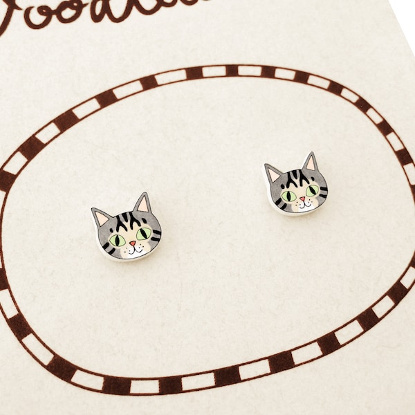 Tiny Gray Tabby Cat Stud Earrings, Tabby Cat Jewelry, Gray Tabby Cat Gifts, Hypoallergenic Earrings, Shrink Plastic