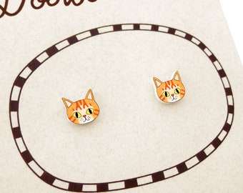 Tiny Orange Tabby Cat Stud Earrings, Tabby Cat Jewelry, Orange Tabby Cat Gifts, Hypoallergenic Earrings, Shrink Plastic