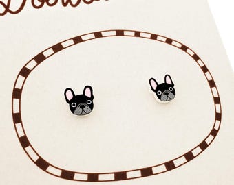 Tiny Black French Bulldog Stud Earrings, Dog Lover Gift, Hypoallergenic, Handmade Shrink Plastic Jewelry
