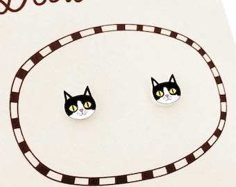 Tiny Tuxedo Cat Stud Earrings #1, Black & White Cat Lover Gift, Hypoallergenic, Handmade Shrink Plastic Jewelry