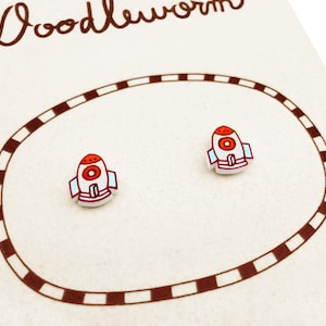 Tiny Rocket Stud Earrings, space Lover Gift, Hypoallergenic, Astronaut Jewelry, Handmade Shrink Plastic
