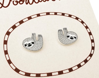 Hanging Sloth Stud Earrings, Sloth Jewelry, Sloth Lover Gift, Animal Earrings, Hypoallergenic Earrings, Shrink Plastic