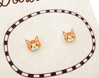 Tiny Orange Tabby Cat Stud Earrings, Ginger Cat Lover Gift, Hypoallergenic, Handmade Shrink Plastic Jewelry