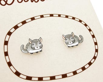 Chinchilla Stud Earrings, Chinchilla Lover Gift, Hypoallergenic Stainless Steel, Handmade Shrink Plastic Jewelry