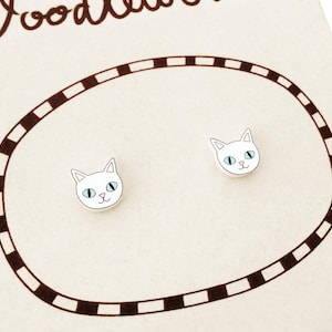 Tiny White Cat Stud Earrings, Handmade Shrink Plastic Jewelry, Cat Lover Gift, Hypoallergenic