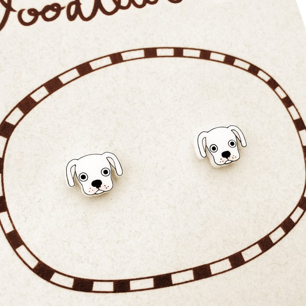 Tiny White Boxer Stud Earrings, Boxer Jewelry, White Boxer Gifts, Dog Earrings, Hypoallergenic Earrings, Shrink Plastic