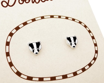 Tiny Badger Stud Earrings, Badger Lover Gift, Hypoallergenic, Woodland Animal Jewelry, Handmade Shrink Plastic Jewellery