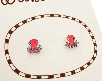 Petites boucles d'oreilles en pieuvre rose, Bijoux pieuvre, Cadeaux pieuvre, Boucles d'oreilles créature marine, Boucles d'oreilles hypoallergéniques, Plastique rétractable