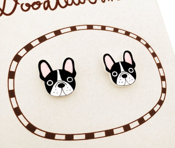 Boucles d'oreilles black White Français Bulldog bijoux | Etsy Sticker Bouledogue français dans les écouteurs d'hiver