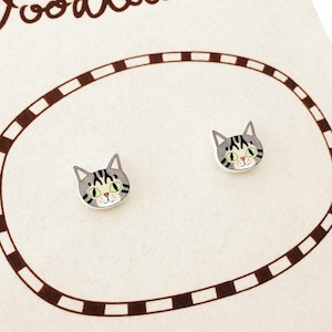 Tiny Gray Tabby Cat Stud Earrings, Handmade Shrink Plastic Jewelry, Cat Lover Gift, Hypoallergenic