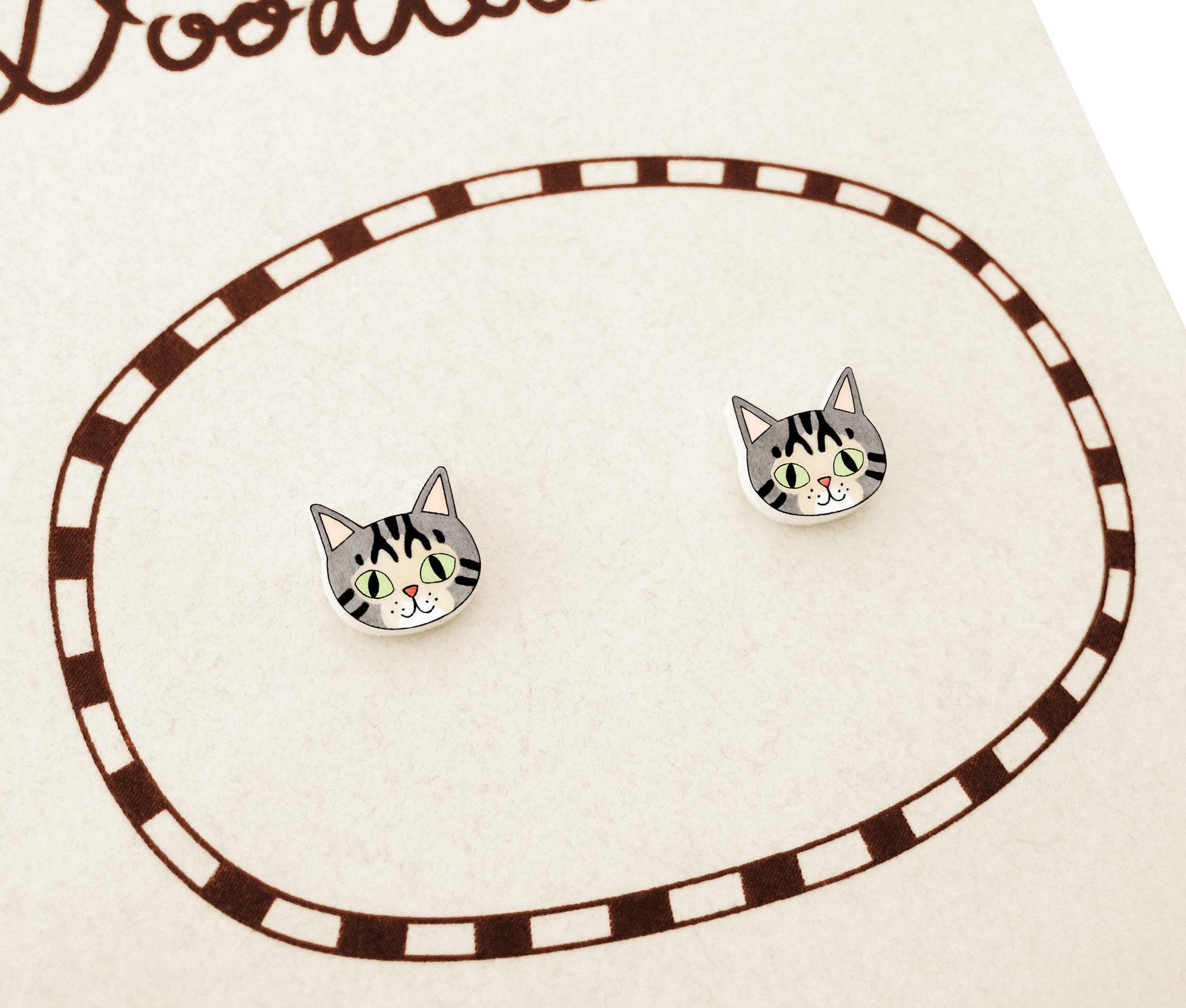Tiny Gray Tabby Cat Stud Earrings, Handmade Shrink Plastic Jewelry, Cat Lover Gift, Hypoallergenic