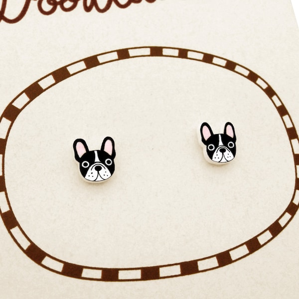 Petites boucles d'oreilles bouledogue français noir et blanc, Bijoux Frenchie, Cadeaux bouledogue français, Boucles d'oreilles chien, Boucles d'oreilles hypoallergéniques, Plastique rétractable