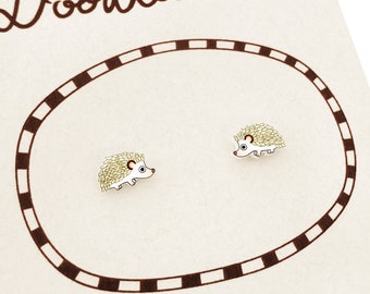 Tiny White Hedgehog Stud Earrings, Hedgehog Jewelry, White Hedgehog Gifts, Hypoallergenic Earrings, Shrink Plastic
