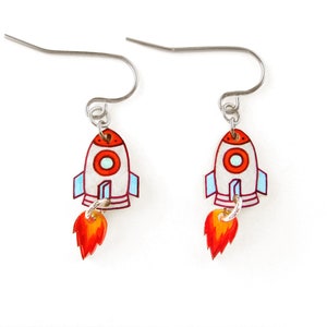 Rocket Dangle Earrings, Rocket Jewelry, Astronaut Earrings, Space Earrings, Hypoallergenic Earrings , Shrink Plastic