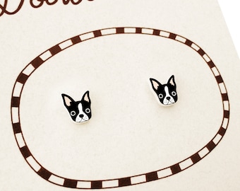 Tiny Boston Terrier Stud Earrings, Handmade Shrink Plastic Jewelry, Dog Lover Gift, Hypoallergenic