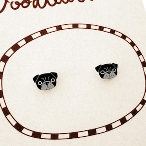 Tiny Black Pug Stud Earrings, Handmade Shrink Plastic, Hypoallergenic, Pug Lover Gift
