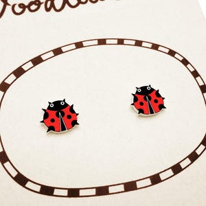 May include: A pair of stud earrings shaped like ladybugs with red wings, black spots, and black heads. The earrings are displayed on a light-colored card featuring a brown oval border with white segments and the partial text Doodl at the top.